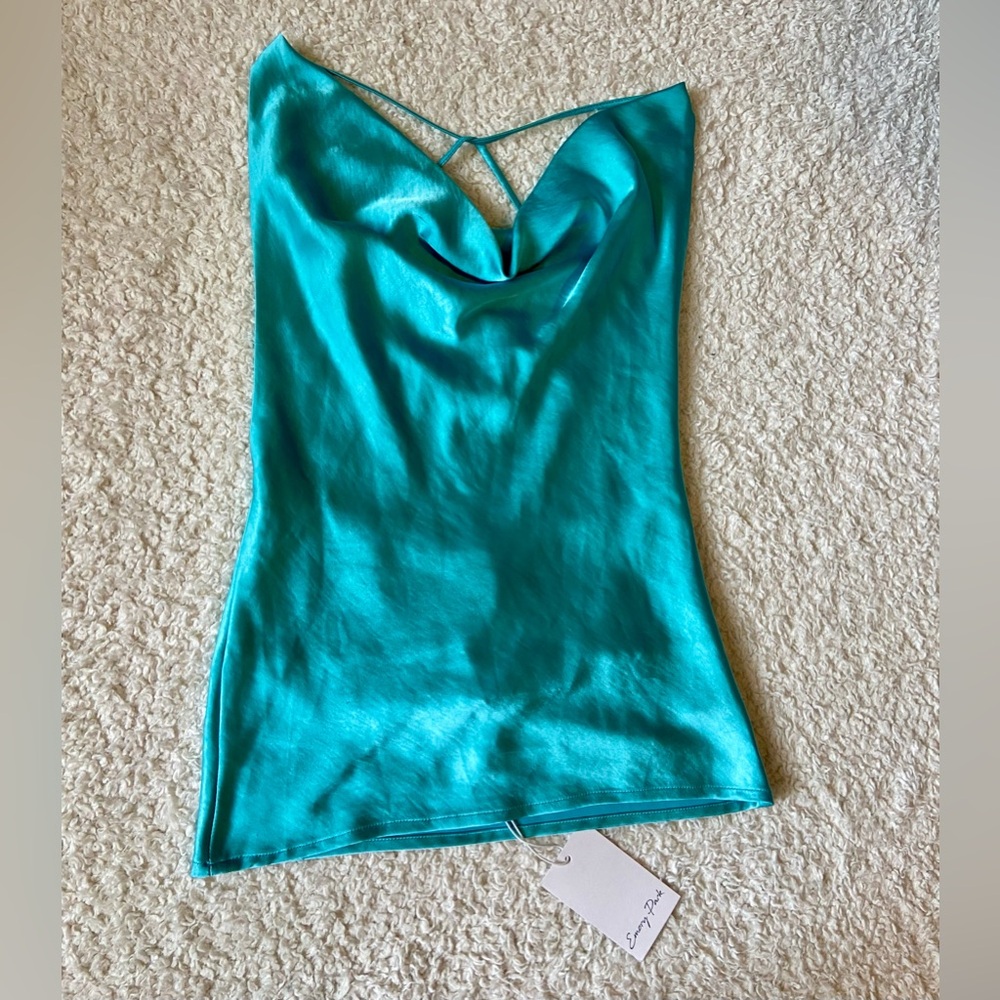 Emory Park Womens Open Back Cowl Neck Teal Satin Blouse NWT Size Small